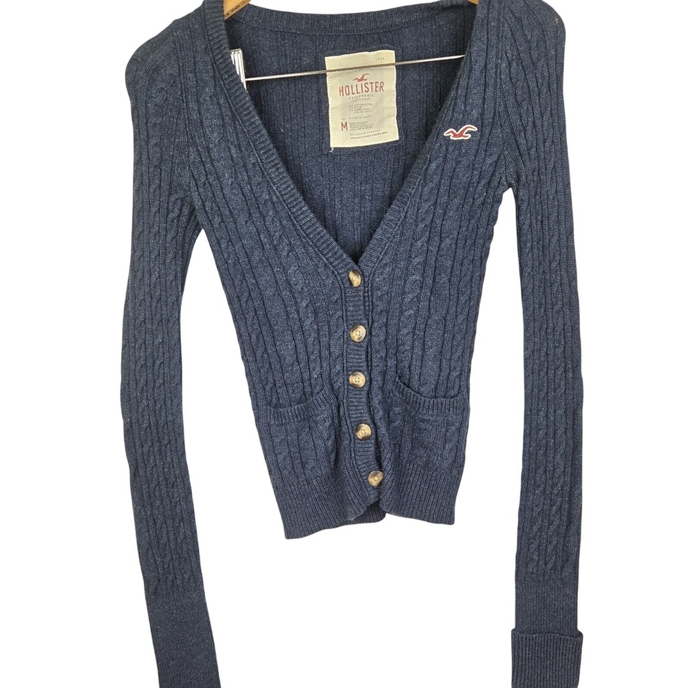 Hollister Y2K Navy Blue Cable Knit Cardigan Sweater Rabbit Hair Blend Womens M